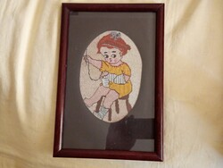 Gobelin 006 - stoppoló kislány keret 20x30cm kép 18x12cm régi tűgobelin kézimunka