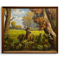 A fiatal szarvas - Beazonosításra váró magyar művész - gyönyörű erdei életkép /számlát adunk hozzá/