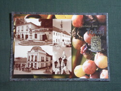 Képeslap,Tokaj,mozaik,Borvidék,pince,borozó,templom,gyógyszertár,utca látkép,részlet,2000-