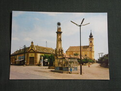 Képeslap,Tolna,Főtér,templom,szentháromság szobor,MÁVAUT buszmegálló,utca látkép,részlet,1971-
