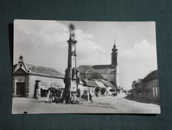Képeslap,Tolna,Főtér,templom,szentháromság szobor,üzletek,utca látkép,részlet,1961-