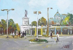 Bánfi - "Eltűnt kupolák nyomában..." Emlékmű a téren - (olaj,karton 23×33 cm)