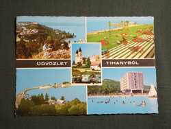 Képeslap,Tihany,mozaik,Bencés Apátság templom,hajóállomás,strand,szálló,hotel látkép,részlet,1971
