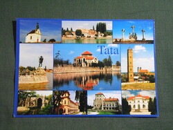 Képeslap,Tata,mozaik,Zsigmond vár,tó,Söréttorony,templom,Angolkert látkép,részlet,2000-