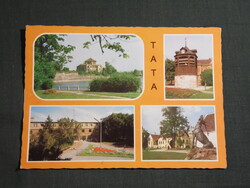 Képeslap,Tata,mozaik,Zsigmond vár,tó,óratorony,edzőtábor,szarvas szobor látkép,részlet,1981-
