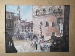 MARIO CARRARO /1896-1977/ AKVARELL - FIRENZE, PIAZZA DELLA SIGNORIA