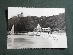 Képeslap,Tihany,Bencés Apátság templom,móló,kikötő,vitorlás hajó látkép,részlet,1961-