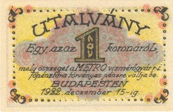 1 korona utalvány 1922 Metro Vízmérőgyár szükségpénz hajtatlan aUNC