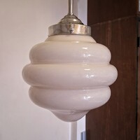 Art deco - Streamline nikkelezett mennyezeti lámpa felújítva - különleges formájú rózsaszín búra