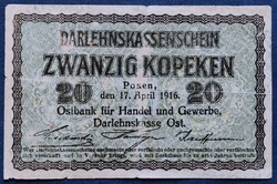 Lengyelország - Német megszállás 20 Kopeken 1916, F+.