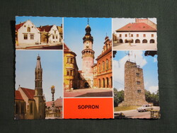 Képeslap,Sopron,mozaik,Főtér,templom,tűztorony,kilátó,két mór ház látkép,részlet,1981-