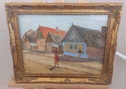 Lajos Próday, Street Scene Painting of Rákoskeresztúr 49x39 cm framed