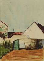 1V308 Régi jelzett akvarell : Zöld kapus ház