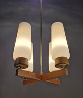Mid century modern teak, réz, üveg csillár Rupert Nikollnak tulajdonítva
