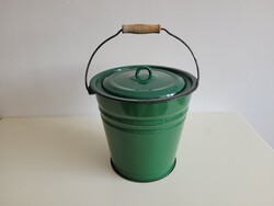 Régi zöld zománcos vintage zománcozott fedeles vödör kanna