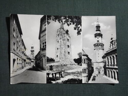 Képeslap,Sopron,mozaik,Kolostor utca,Károly kilátó,tűztorony,tanácsháza látkép,részlet,1967-