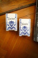 2 nagy antik szecessziós fűszeres fajansz fűszertartó kék-fehér cukor és tészta