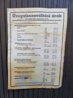 Retro-Vintage Közért Üvegvisszaváltási Árjegyzék Karton Tábla 1980