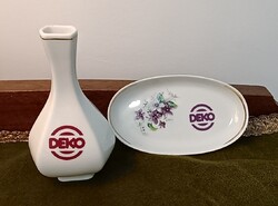 Debreceni Konzervgyár DEKO feliratos porcelán kisváza és kistálka