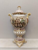 Antik capodimonte Capo di monte dúsan aranyozott sokalakos kétfüles fedeles porcelán váza 325 2050