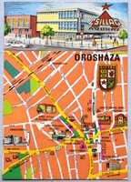 Orosháza -  retro térképes képeslap / Csillag áruház , MSZMP székháza, Városi kórház ...