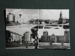 Képeslap,Várpalota,mozaik,Bányász szobor,Thury-vár,templom,utca látkép,részlet, 1967-