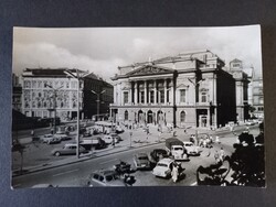 Régi képeslap Budapest Blaha Lujza tér és Nemzeti Színház