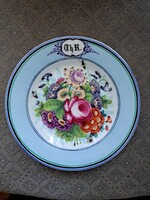 Csodálatos kézi modoros festésű, monogrammos antik porcelán tányér, 1877.
