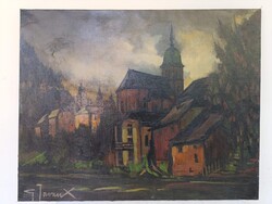 Antik festmény tájkép olaj vászon keret nélkül szignált Ginette Javaux 838 2144