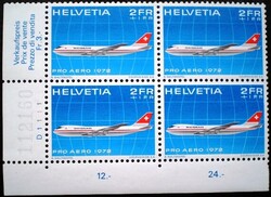 Sv968ns / Svájc 1972 Pro Aero bélyeg postatiszta ívsarki négyestömb azonosító / összegzőszámokkal !