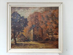 Antik festmény őszi tájkép olaj vászon keretben szignált 836 2137