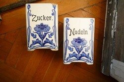 2 nagy antik szecessziós fűszeres fajansz fűszertartó kék-fehér cukor és tészta