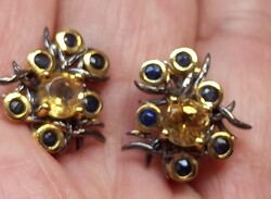 Genuine Citrine and Blue Sapphire Handmade 925 Silver Earring