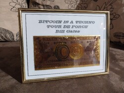 24k aranyozott BITCOIN bankjegy, nem forgalmi, dísz pénz KERETEZVE