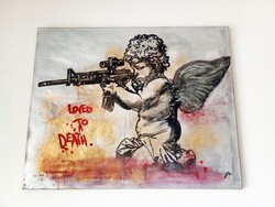 'Putto géppisztollyal'- street-art/pop-art nagy méretű olaj-vegyestechnika vászon festmény cca 2010