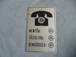Régi telefonos fémtábla retro telefonszám tábla mentők tűzoltók rendőrség telefon tábla
