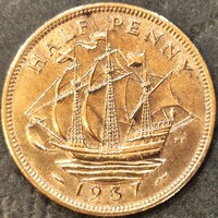 United Kingdom half, ½ penny, 1937. UNC