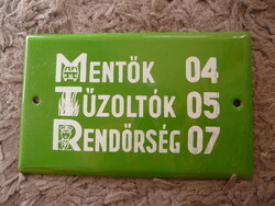 Régi telefonos zománctábla retro telefonszám tábla mentők tűzoltók rendőrség telefon tábla