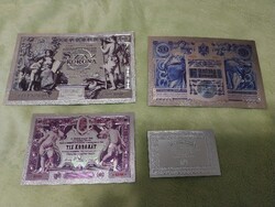 1902-es Osztrák-Magyar KORONA, 3db ezüsttel bevont plasztik bankjegyek (REPLIKA!)