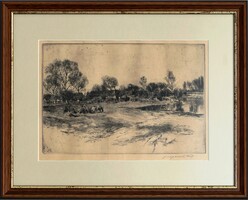 Miért ennyi? Mert gyönyörűen ÚJRAKERETEZVE adjuk - Csergezán Pál Falusi élet című, 20x29 cm rézkarca