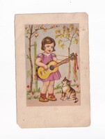 M:10 Gitározó kislány cicával üdvözlő képeslap 1940