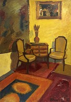Bihari Gábor (?-?) Enteriőr vörös szőnyegekkel (99 x 70 cm) /számlát adunk/
