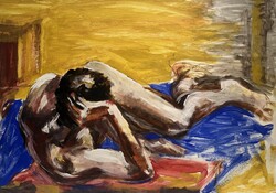 Ismeretlen festő: Karján támaszkodó férfi - műtermi aktábrázolás (100 x 70 cm) /számlát adunk/