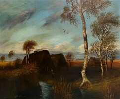 Henri Windhausen (1908-1970) Vízparti tanya nyírfákkal - régi festmény Hollandiából /számlát adunk/