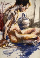 Ismeretlen festő: Mártózás - nagy méretű férfi aktábrázolás (100 x 70 cm) /számlát adunk/