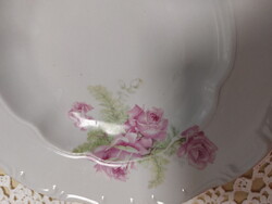 Zsolnay rózsás gyönyörű porcelán mély tányér, rózsaszín, barokkos széllel, 2db
