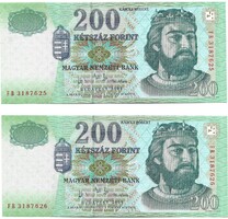 2 x 200 forint 2004 "FB" Sorszámkövető pár UNC