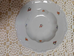 Zsolnay porcelán mély tányér, szép virágos, sima barokkos széllel, 1db