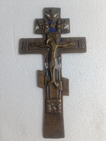 Antik orosz pravoszláv kereszt bronz 18 sz zománc ima