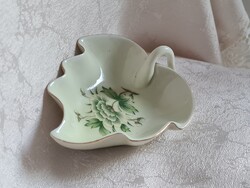 Antik Hollóházi porcelán levél formájú zöld virágos tálka